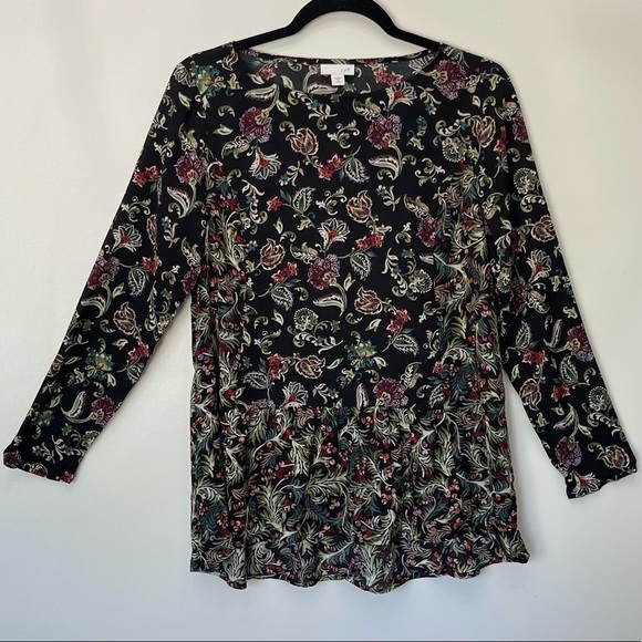 J. Jill long sleeved crew neck bohemian flowy floral top w/ ruffled bottom; XSP - Picture 6 of 7